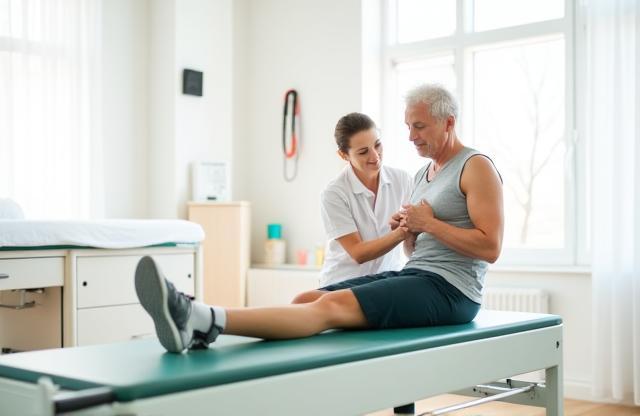 Physiotherapist assisting a patient with leg exercises